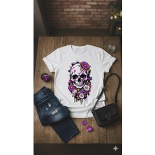 Texrium Bisiklet Yaka Kısa Kollu Kuru Kafa Baskılı Çiçek Desenli %100 Pamuk T-Shirt