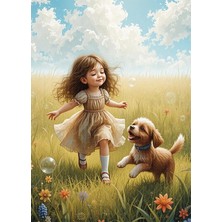 Bedeko Kırlarda Koşan Kız ve Köpeği Ahşap Tablo