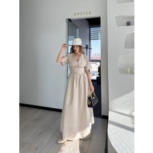 Giyim Center Kısa Kollu Uzun Elbise - Kırık Beyaz