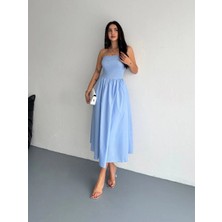 Giyim Center Straplez Pileli Elbise - Açık Mavi