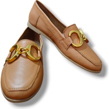 Barones Ayakkabı Hakiki Deri Taba Altın Tokalı Kadın Loafer Ayakkabı