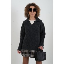 Zelish My Sister Antrasit Polo Yaka Saç Örgülü Kazak