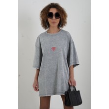 Zelish My Sister Gri Wifi Baskılı Soluk Efektli Oversize Tshirt
