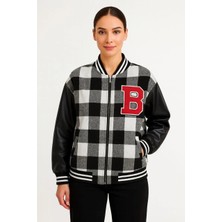 Giyim Center Kadın Kolej Ceket - Kareli Oduncu Kumaş, Kolları Suni Deri, Fermuarlı, Içi Kapitone Astarlı, Nakışlı Oversize Bahar & Kış Stil - Gri