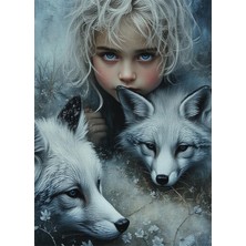 Bedeko Yavru Kurtlar ve Mavi Gözlü Çocuk Mdf Ahşap Tablo