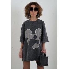 Zelish My Sister Antrasit Çizgi Karakter Baskılı Soluk Efektli Oversize Tshirt