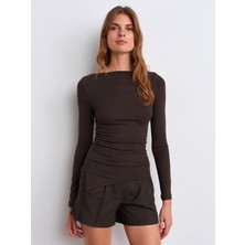 Kokoşum Butik 32198 Kayık Yaka Uzun Bluz Koyu Kahve