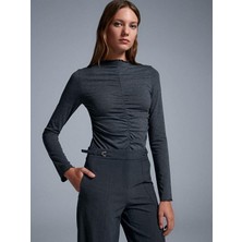 Kokoşum Butik 32112 Büzgülü Uzun Kollu Bluz Antrasit