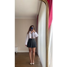 Hande Batmaz Butik Kemerli Pileli Antrasit Etek