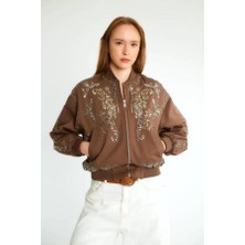 Kokoşum Butik 99928 Ön ve Kol Taşlı Gabardin Ceket Kahve