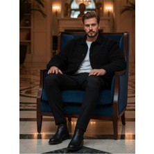 Lwl Siyah Fitilli Kadife Detaylı Peluş (Teddy) Erkek Ceket - Bomber Stil Kışlık Mont