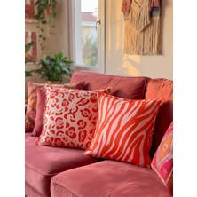 Rahan Design Leopar - Zebra Çizgi Desenli Pembe - Kırmızı Süet Çift Taraflı 43X43CM 2li Kare Kırlent Kılıfı Seti