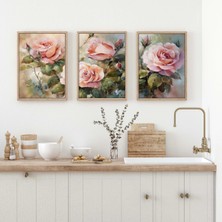 Bestablo 3 Parça Pembe Güller Çerçeveli Ahşap Tablo Seti, Ev Dekoru