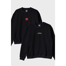 Nuugg Dudak ve Bıyık Desenli Çift Kombin Bisiklet Yaka Sweatshirt