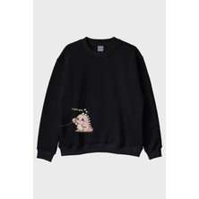 Nuugg I Miss You Dinozor Siyah Bisiklet Yaka Sweatshirt