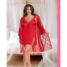 Passione Kırmızı Dantelli Gecelik Sabahlık Takımı