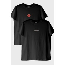 Nuugg Dudak ve Bıyık Desenli Çift Kombin Siyah T-Shirt