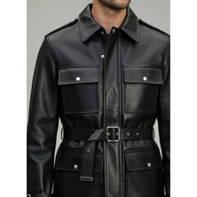 Lwl Safari Stil Kemerli ve Dört Cepli Kahverengi Deri Ceket - Premium Field Mont Parka