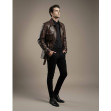 Lwl Safari Stil Kemerli ve Dört Cepli Kahverengi Deri Ceket - Premium Field Mont Parka