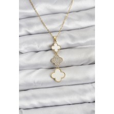 S'82 316L Çelik Zincir Gold Renk Yonca Detaylı Zirkon Taşlı Kadın Kolye