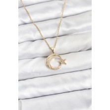 S'82 316L Çelik Zincir Gold Renk Ay Yıldız Model Zirkon Taşlı Kadın Kolye