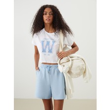 Lc Waikiki Yeni Sezon Bisiklet Yaka Baskılı Crop Kadın Spor Tişört