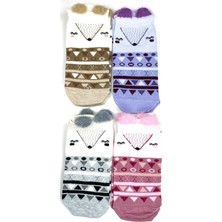 Vexor 4 Çift Yumuşak Ponpon 3 Boyut Kulaklı Desenli Pamuklu Kadın Bilek Çorap