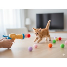 Aslan Petshop Interaktif Kedi Top Fırlatıcı Oyuncak Tabanca Seti - Renkli Yumuşak Ponponlu Kedi Oyuncağı