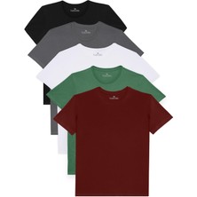 Tudors Unisex 5'li Paket Siyah-Beyaz-Bordo-Z.yeşili-Gri Slim Fit Dar Kesim %100 Pamuk Bisiklet Yaka Tişört