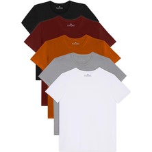 Tudors Unisex 5'li Paket Siyah-Beyaz-Bordo-Tarçın-Gri Slim Fit Dar Kesim %100 Pamuk Bisiklet Yaka Tişört