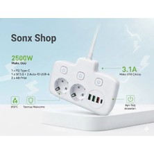 2500W Güçlü Akım Korumalı 3 USB + Type-C Portlu Çoklu Priz | Hızlı Şarj, Çocuk Kilidi, 850°C Yanmaz Malzeme