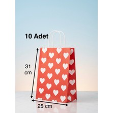 e ERTA Beyaz Kalp Desenli Kırmızı Kraft Çanta 25X31CM 10 Adet Hediye Poşeti,hediye Paketi Kraft Kağıt Çanta
