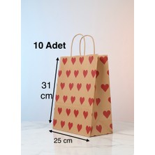 e ERTA Kırmızı Kalp Desenli Kraft Çanta 25X31 cm 10 Adet Hediye Poşeti, Hediye Paketi Kraft Kağıt Çanta