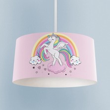 Normadia Renkli Gökuşağı ve Unicorn Desenli Pembe Bebek Çocuk Odası Avizesi