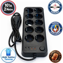 Badem10 Grup Priz Akım Korumalı 10’lu 2 Metre Kablolu 2 USB + 2 Type-C Şarj Girişli Çoklu Priz