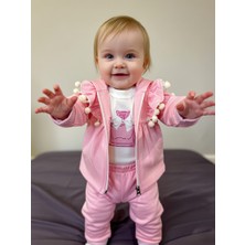 Brava Baby Kız Bebek Ponponlu Kapüşonlu 3’lü Takım – Pamuklu Fermuarlı Hırka Zıbın Pantolon Pembe