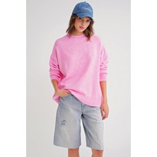 6913 Kadın Salaş Yumuşak Dokulu Oversize Triko Kazak Pembe