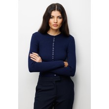 Mixray 6972 Kadın Fitilli Basic Triko Hırka Lacivert