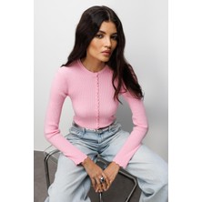 Mixray 6972 Kadın Fitilli Basic Triko Hırka Pembe