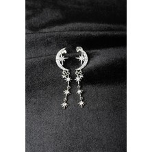 By Barun Sallantılı Yıldız Küpe Hilal 925 Ayar Beyaz Zirkon Taşlı Kutup Yıldızı Gümüş Küpe