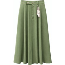 Mixray 4805 Kadın Yüksek Bel A Kesim Midi Aksesuar Detay Etek Haki