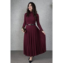 Stelol Kadın Uzun Kollu Balıkçı Yaka Kemersiz Pileli Uzun Sandy Elbise