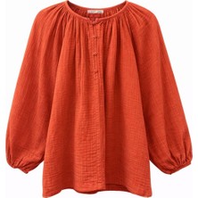 Mixray 4707 Kadın Yakası Büzgülü Kolu Lastikli Bol Müslin Bluz Kiremit