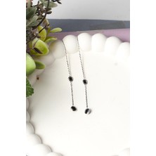 By Barun Zincir Küpe Siyah Taşlı Geçmeli Sallantılı 925 Ayar Gümüş Küpe