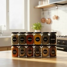 Bysnm 12 Adet Cam Baharatlık Seti - 105 cc Siyah Metal Kapaklı Baharat Takımı + Suya Dayanıklı Etiket Dahil