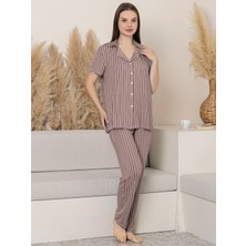 Limissi Çizgili Önden Düğmeli M-Xxl Yetişkin Pijama Takımı - Kahverengi 36-48 Beden