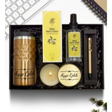 As Gift Kişiye Özel Gold 300 ml Kristal Termos & Rebul Kolonya & Imza Kalemi & Metal Kutulu Mum Hediye Seti