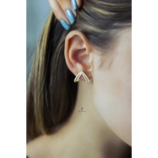 By Barun Sarı Renk Üçgen Ikili Beyaz Yuvarlak Taşlı 925 Ayar Gümüş Kıkırdak Küpe Earcuff