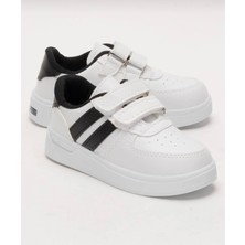 Yonca Outlet Çocuk Beyaz Siyah Çizgili Cırtlı Spor Ayakkabı Günlük Yürüyüş Ayakkabısı