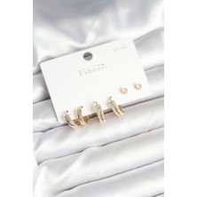 Lokiboo Pirinç Gold Renk Zirkon Taşlı 925 Gümüş Çivili Kadın Küpe Seti - TJ-BKP11257